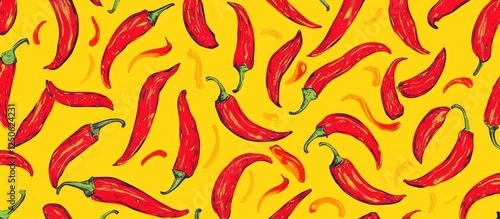 Seamless repeating pattern of red chili peppers on a vibrant yellow background for bold and colorful designs