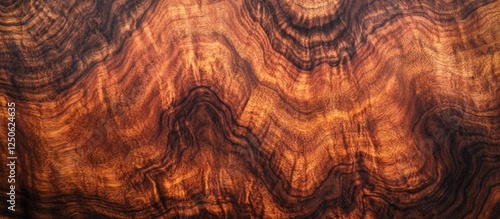 Textured mahogany wood close-up showcasing unique swirling patterns and rich brown hues ideal for backgrounds and design projects. photo