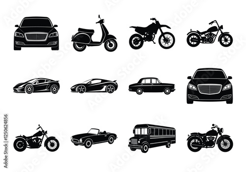Transport silhouette set. Car, Bike vector illustration on white background