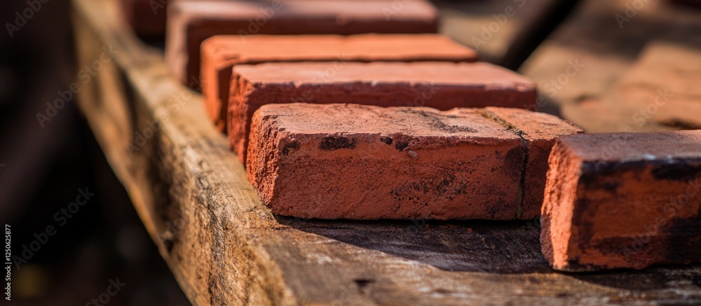 Red bricks arranged on a rustic wooden surface showcasing the art of bricklaying and construction craftsmanship. Red bricks arranged on a rustic wooden surface showcasing the art of bricklaying and construction craftsmanship.
