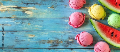 Refreshing watermelon slices and colorful ice cream scoops arranged on a rustic wooden surface for a vibrant summer dessert display. photo