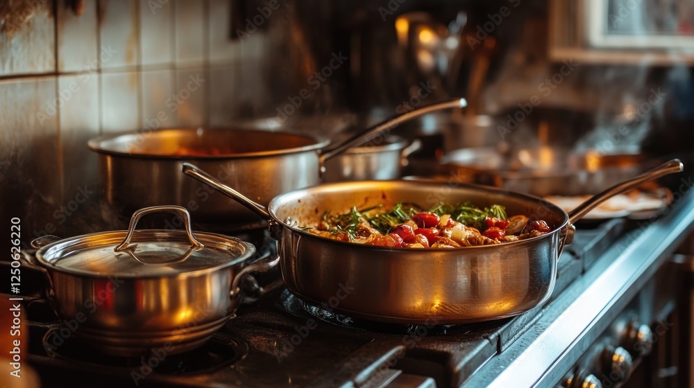 Culinary Delight: Vegetable Dish Cooking in Stainless Steel Pans on a Stove Culinary Delight: Vegetable Dish Cooking in Stainless Steel Pans on a Stove