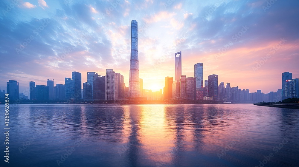 Sunset Over Shanghai Skyline with Reflections on Water Surface Sunset Over Shanghai Skyline with Reflections on Water Surface