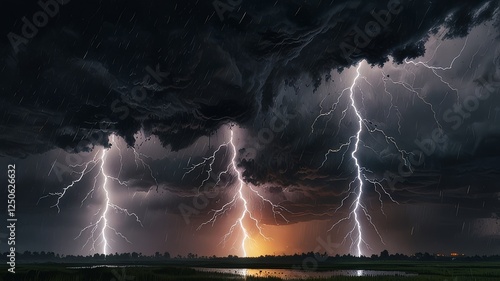 Electric Night Lightning Strike Over City Sky in clouds