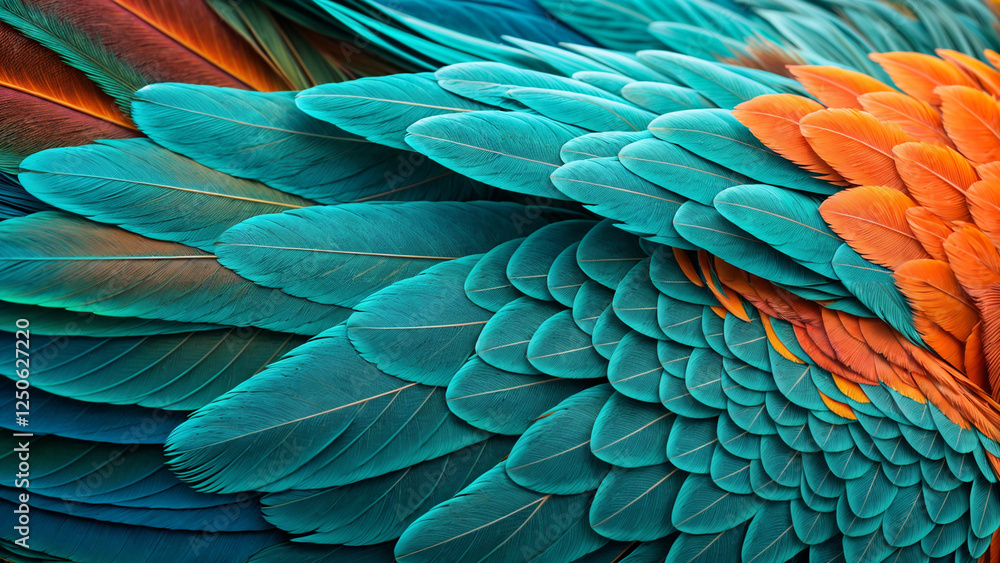 Fototapeta premium Abstract high resolution 4K wallpaper with vibrant turquoise and orange colors, parrot, feathers, dynamic shapes, textures, for a colorful and modern background.