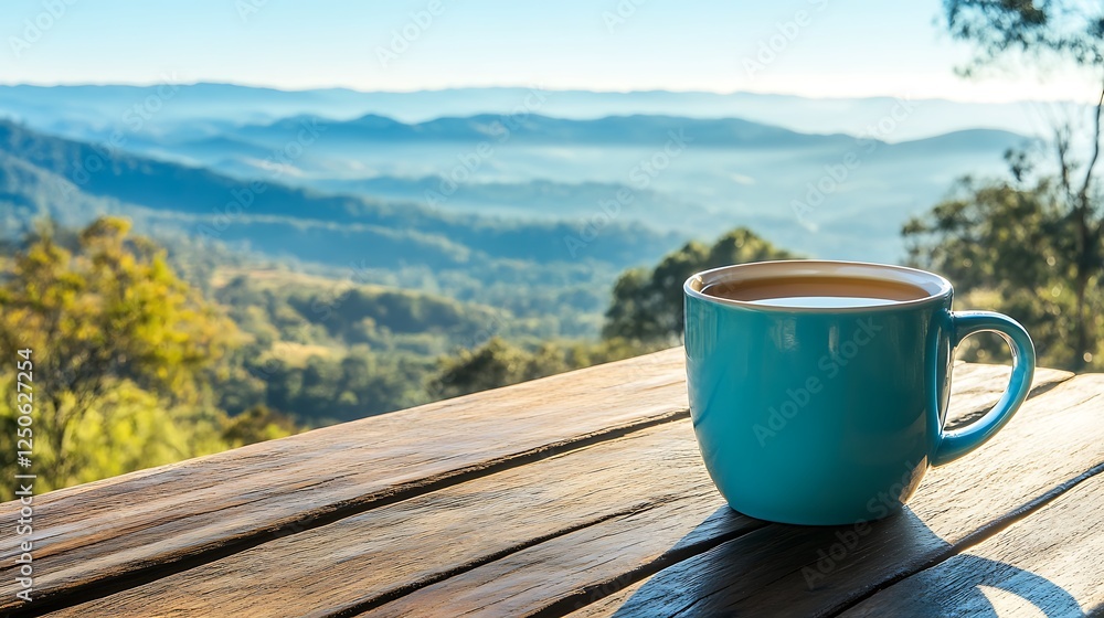 Serene Mountain View with a Cup of Coffee Serene Mountain View with a Cup of Coffee