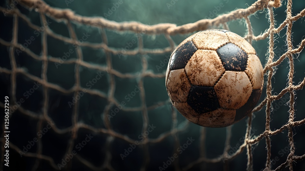 Naklejka premium Football Soccer Ball Hanging Inside the Net of Goal Post on Grassy Field in Outdoor Stadium Sporting Event Competition