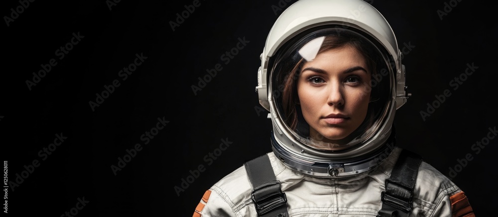 Portrait of a woman astronaut in a spacesuit with a dark background and space for text space exploration and technology concepts Portrait of a woman astronaut in a spacesuit with a dark background and space for text space exploration and technology concepts