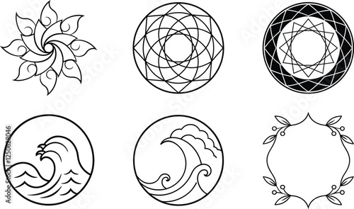 Circular Geometric Mandala Wave Floral Design Elements Set