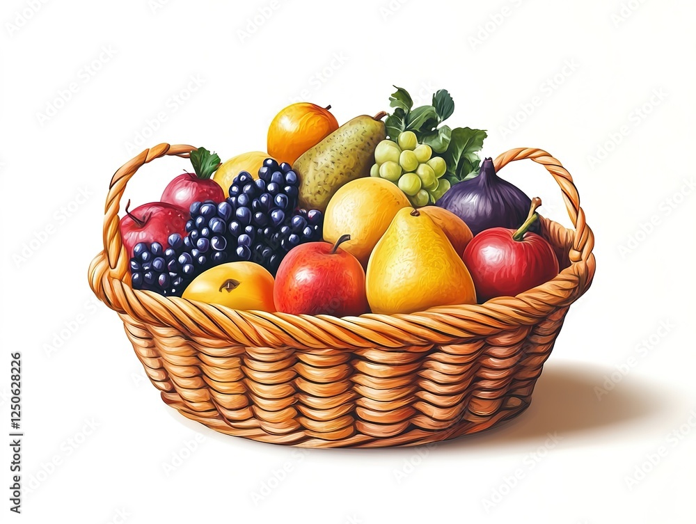 Woven basket overflowing fruits like. Artistic style on white background Woven basket overflowing fruits like. Artistic style on white background