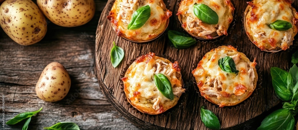 Savory potato muffins topped with chicken, cheese, and fresh basil on a rustic wooden table setting. Savory potato muffins topped with chicken, cheese, and fresh basil on a rustic wooden table setting.