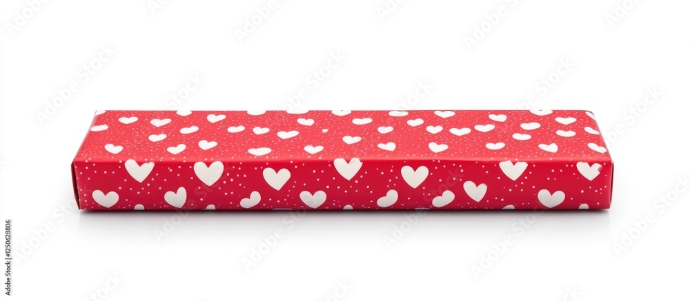 Obraz premium Heart-patterned red gift box on white background perfect for Valentine's Day or special celebrations.
