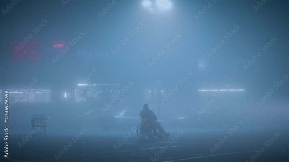 A person in a wheel chair during a foggy night A person in a wheel chair during a foggy night
