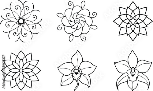 Six Simple Line Art Flower Designs Tattoo, Mandala, Orchid