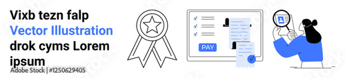 Magnifying glass highlighting profile detail, award ribbon badge, digital payment form with pay button. Ideal for HR processes, recruitment, employee evaluation, payroll, team rewards, workflow