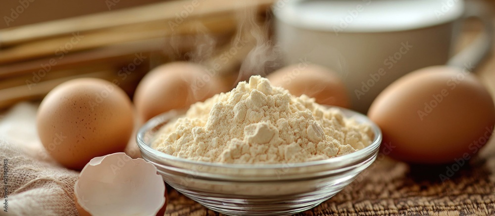 Ground egg shells as a natural calcium supplement in a bowl with eggs on a rustic background showcasing its nutritional benefits Ground egg shells as a natural calcium supplement in a bowl with eggs on a rustic background showcasing its nutritional benefits