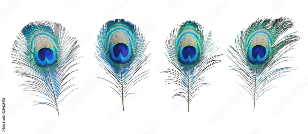 Obraz premium Peacock blue feather collection showcasing different angles against a clean white background for artistic and decorative uses