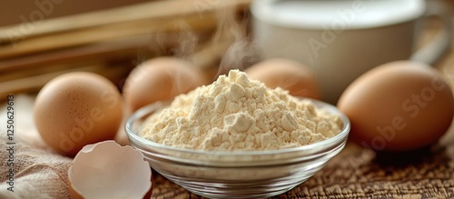 Ground egg shells as a natural calcium supplement in a bowl with eggs on a rustic background showcasing its nutritional benefits photo