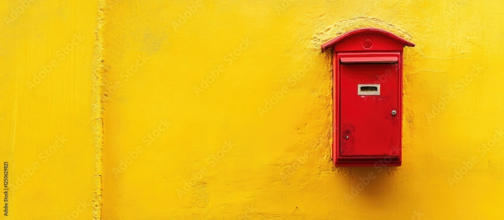 Vibrant red postbox against a bright yellow wall creating a striking visual contrast in urban architecture and design. Vibrant red postbox against a bright yellow wall creating a striking visual contrast in urban architecture and design.