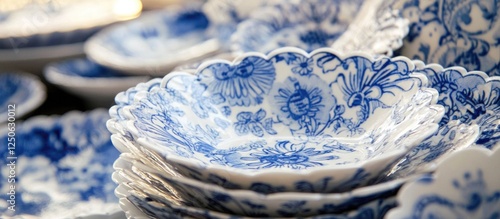 Close up of traditional Portuguese azulejos ceramic plates displaying intricate blue floral designs in Porto.
