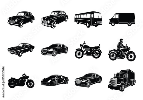 Transport silhouette set. Car, Bike vector illustration on white background