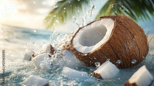 Coconut Water Splash with Chunks in Tropical Setting Under Sunlight photo