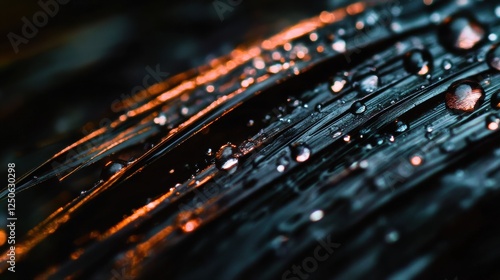 A detailed macro shot of raindrops on dark leaves, capturing the beauty of nature juxtaposed with the contrast of light and shadow, symbolizing rejuvenation. photo