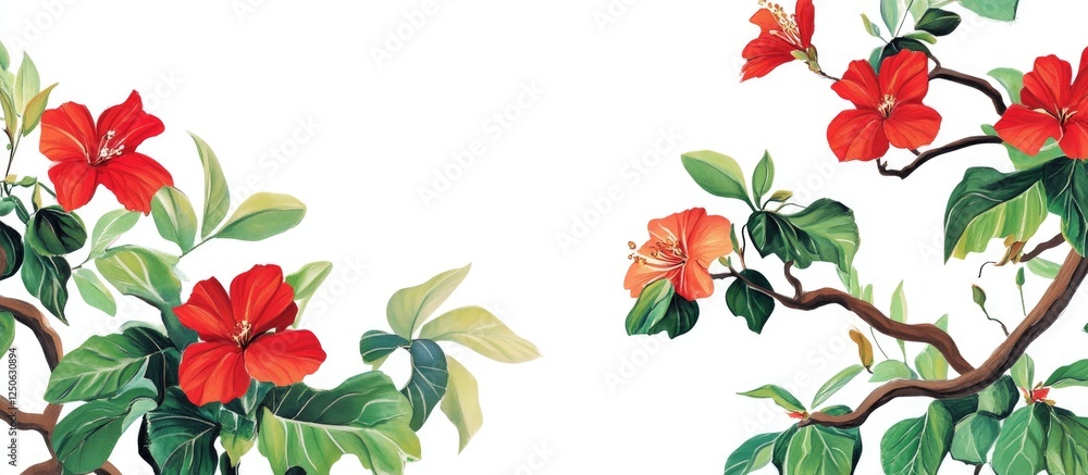 Blooming red flowers on brown branches with green leaves set against a white background showcasing northern Thailand's flora and herbs. Blooming red flowers on brown branches with green leaves set against a white background showcasing northern Thailand's flora and herbs.