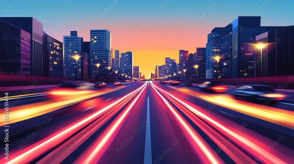Fototapeta premium City lights and speeding cars with a sunset sky in the background