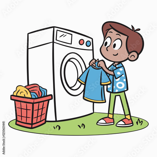 Cartoon Boy Doing Laundry with Smiling Face by Washing Machine at Home