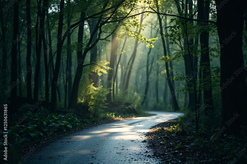 Obraz premium Calm forest scene with a curving path, natural greenery, and sunlight peeking through trees，creating a tranquil and peaceful atmosphere.