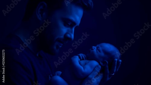 Father Holding Newborn Baby In Soft Light and Warmth with Family Portrait Photography and Love