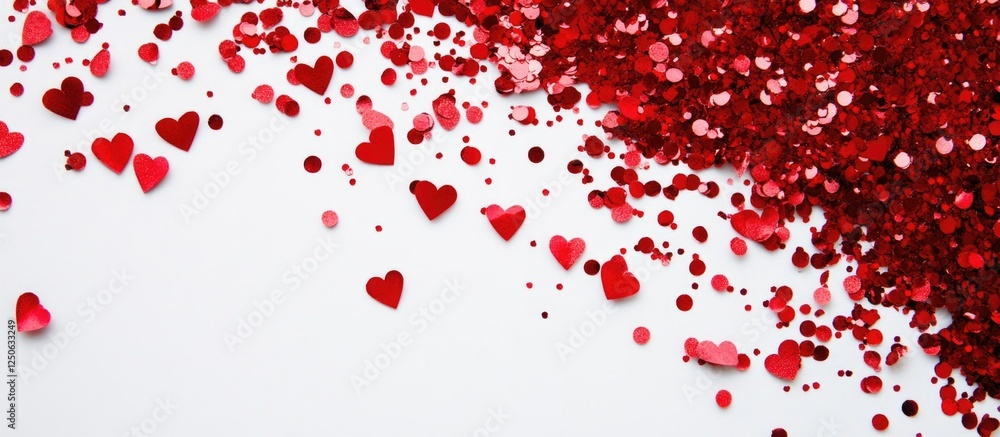 Red glittery confetti and heart shapes scattered on a clean white background for festive or romantic themes Red glittery confetti and heart shapes scattered on a clean white background for festive or romantic themes