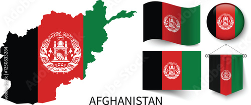 The different designs of Afghanistan's national flags and the map showing Afghanistan's borders