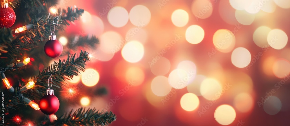 Festive red bokeh background with Christmas tree decorations creating a warm holiday atmosphere ideal for seasonal designs and greetings. Festive red bokeh background with Christmas tree decorations creating a warm holiday atmosphere ideal for seasonal designs and greetings.