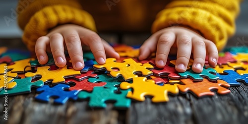 Banner, An autistic child`s hands play colorful jigsaw puzzle symbol of public awareness for autism spectrum disorder. autistic child`s hands playing a puzzle. World Autism Awareness day April 2