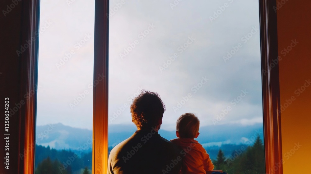Fototapeta premium Modern Storm Safety Cozy Family Living Room with Storm Preparedness Kit and Scenic Forest View - Emergency Readiness Strategies and Public Safety Engagement