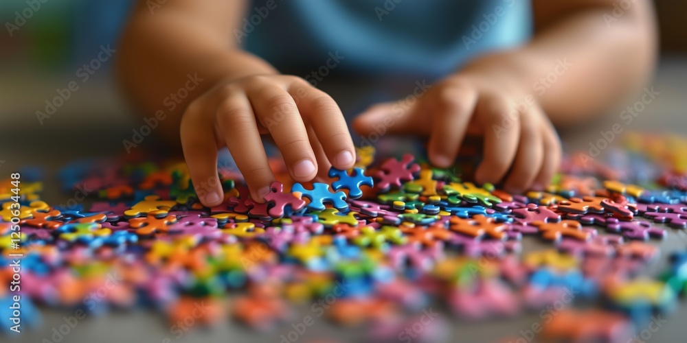 Banner, An autistic child`s hands play colorful jigsaw puzzle symbol of public awareness for autism spectrum disorder. autistic child`s hands playing a puzzle. World Autism Awareness day April 2 Banner, An autistic child`s hands play colorful jigsaw puzzle symbol of public awareness for autism spectrum disorder. autistic child`s hands playing a puzzle. World Autism Awareness day April 2