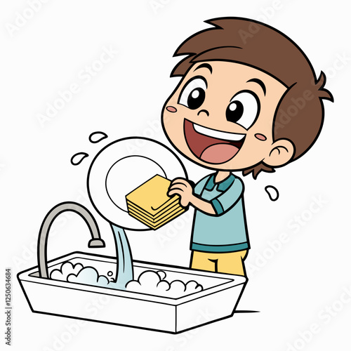 Smiling cartoon boy washing dishes in the sink, chores and helping hands