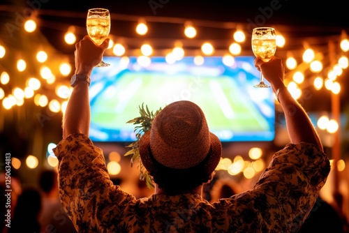 Neon Sports Bar Experience Fans Cheering Amidst Rustic Wood and Modern Neon - Engaging Content for Hospitality Marketing and Social Sport Campaigns photo