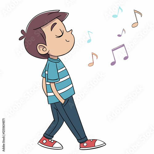 Happy boy listening to music, walking with notes flying around him