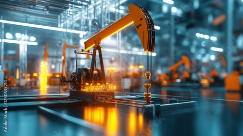 3D-printed oil extraction tools with futuristic factory background, innovation in petroleum engineering, high-tech industrial scene