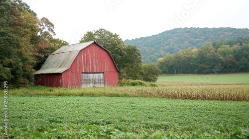 Rustic red barn set in lush green countryside fields with distant hills creating a tranquil rural landscape atmosphere. photo