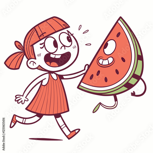 Delightful pursuit: A cheerful girl chases a playful watermelon slice