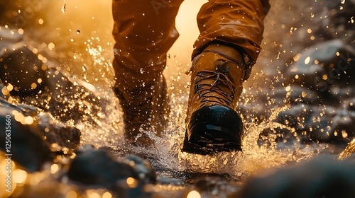 Close up shot of a mountaineers boots and pants hiking