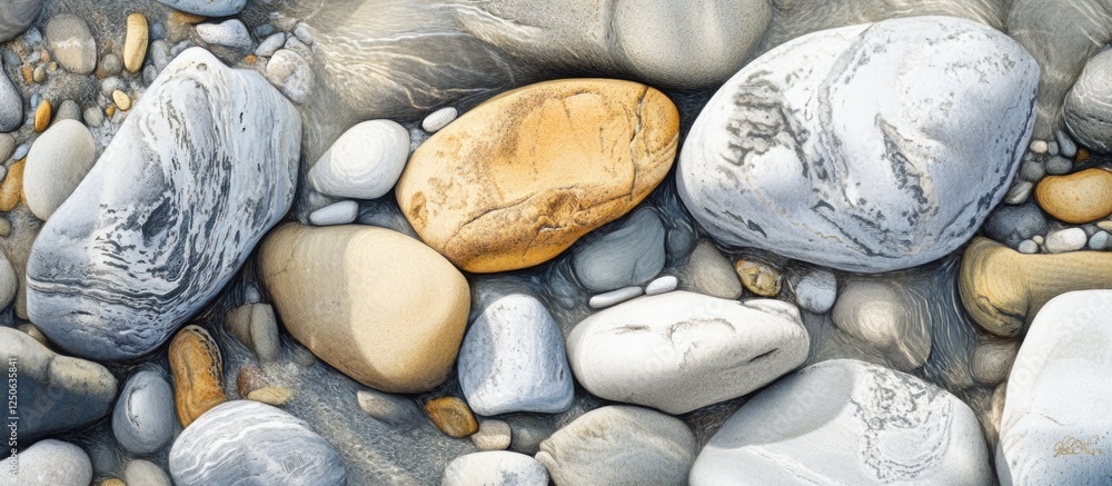 Coastal beach stones and colorful pebbles scattered on sandy shore creating a natural textured background for design or art projects Coastal beach stones and colorful pebbles scattered on sandy shore creating a natural textured background for design or art projects