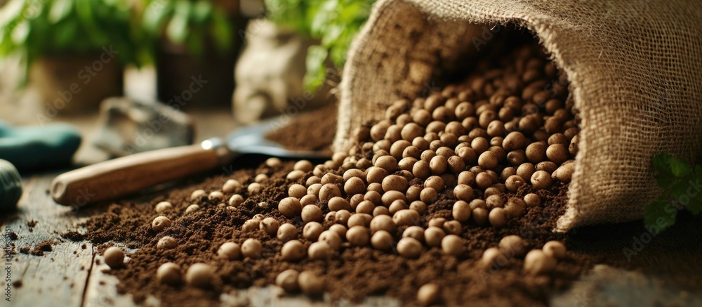 Brown potato seeds spilling from a burlap sack onto a rustic wooden table with gardening tools and plants in the background Brown potato seeds spilling from a burlap sack onto a rustic wooden table with gardening tools and plants in the background