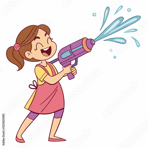 Cartoon Girl Splashing Water with Toy Gun for Summer Fun Illustration