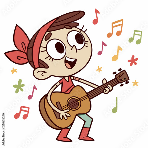Cartoon girl playing guitar with musical notes and flowers cheerfully