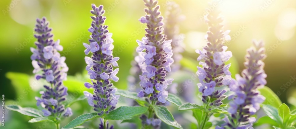 Obraz premium Delicate mauve wildflowers blooming in soft sunlight with a vibrant green background creating a serene and uplifting atmosphere.